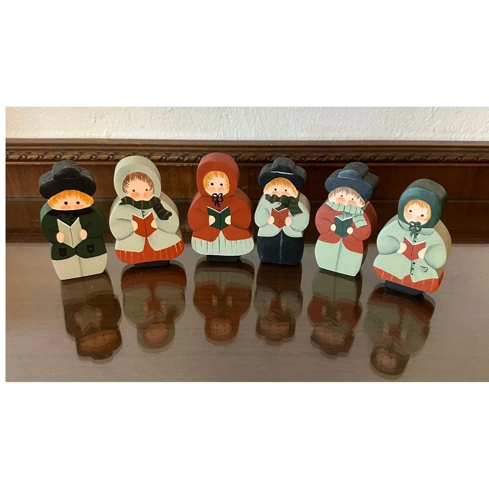 Vintage Style Hand Painted Wooden Christmas Carolers Figurines Set of 6 Folk Art